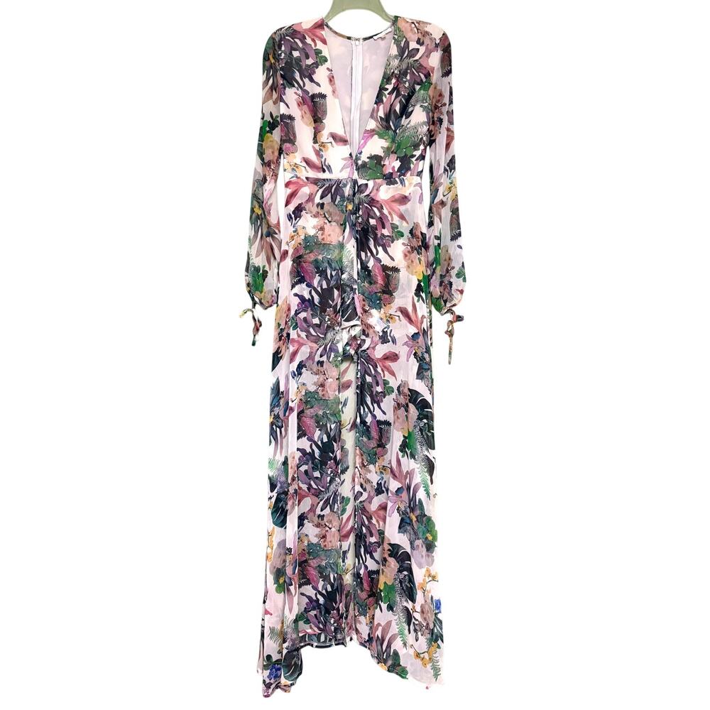 LUXXEL Floral Tropical Vacation Print V Neck Lightweight Flowy Maxi Dress Size M